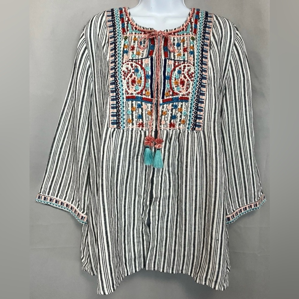 J. Jill Love Linen Striped Embroidered Boho Tunic Top with Tassels L - Picture 6 of 14